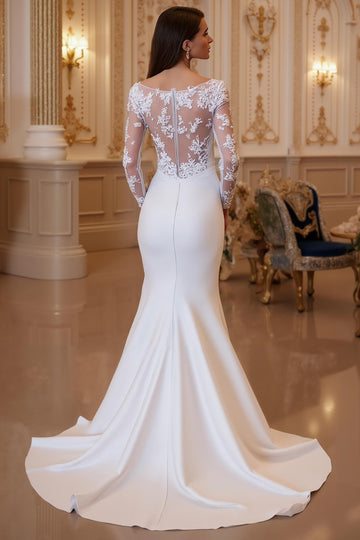 Sirène blanche illusion col manches longues traîne cour robe de mariée avec dentelle